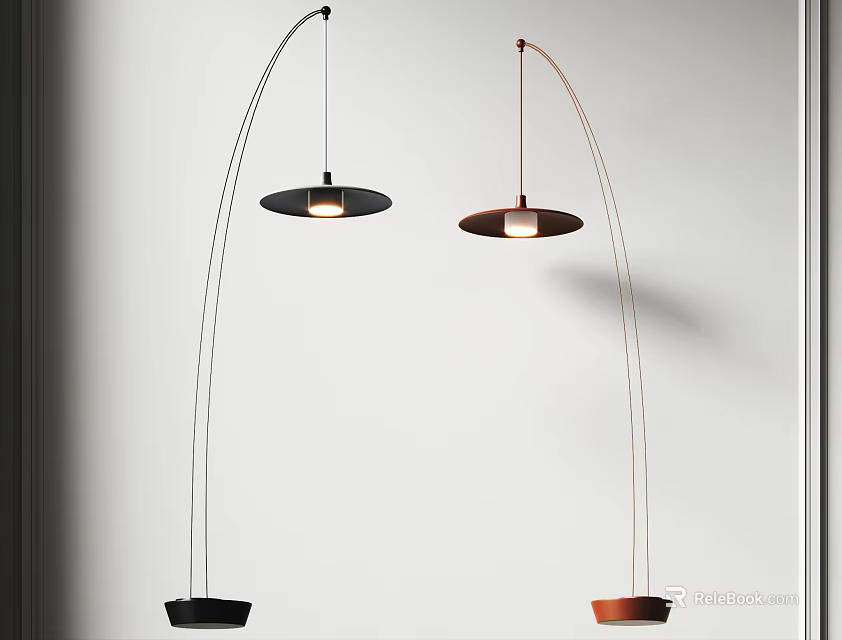 Modern Floor Lamps With Curved Pole Black Copper Base And Illuminated Circular Shade 3d model 