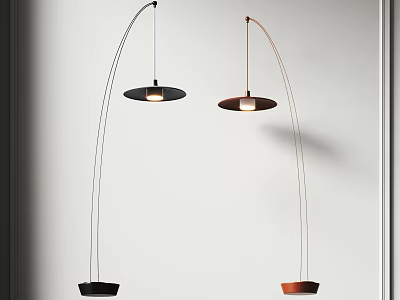 Modern Floor Lamps With Curved Pole Black Copper Base And Illuminated Circular Shade 3d model