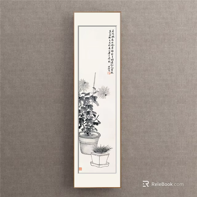 Traditional Plant Painting with Potted Chrysanthemums Small Potted Plant Gray Background and Calligraphy Inscriptions 3d model 
