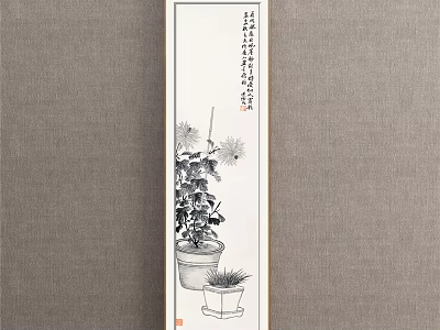 Traditional Plant Painting with Potted Chrysanthemums Small Potted Plant Gray Background and Calligraphy Inscriptions 3d model