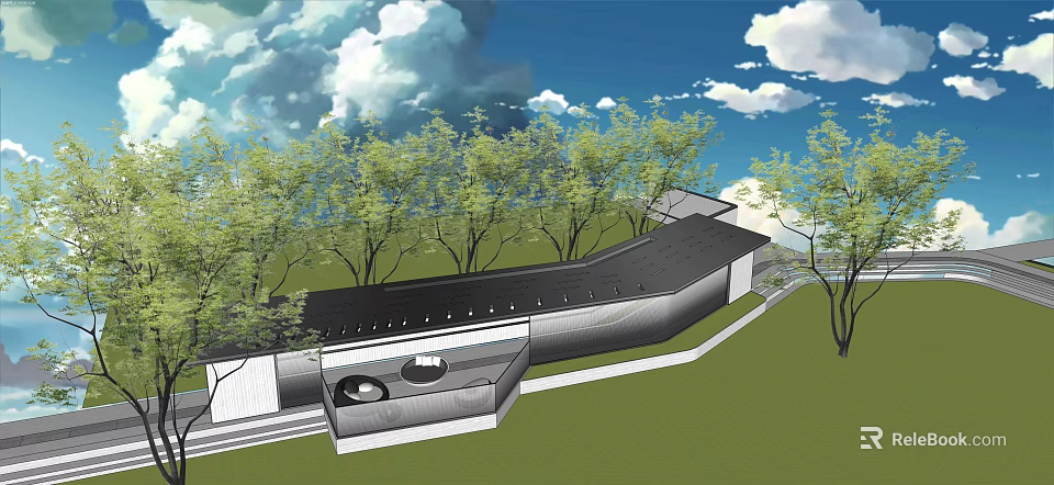 Contemporary Pergola Design With Black Roof Green Trees And Open Sky View 3d model 