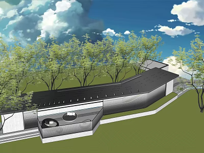 Contemporary Pergola Design With Black Roof Green Trees And Open Sky View 3d model