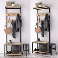 Modern Shoe Cabinet with Wooden Shelves Metal Frame for Hanging Coats Bags and Decorative Stool