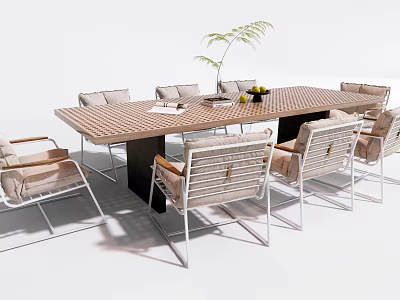 Modern Dining Table And Chairs Set With Wooden Top Metal Frame And Tabletop Plant 3d model