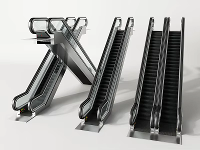 Modern Escalators with Sleek Metal Frames and Black Steps for Public Areas Design 3d model