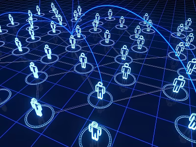 Business Equipment Featuring Connected People Icons On Blue Tech Grid Background 3d model