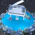 Floral Decoration Display With White Piano Surrounded By Blue Flowers And Starry Backdrop