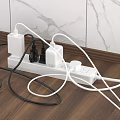 Messy Scene of Switch Panel with Tangled Wires Against White Marble Wall and Wooden Floor