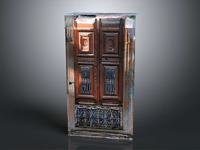 Antique Wooden Door With Carved Details Glass Panels And Ironwork Decoration 3d model