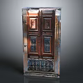 Antique Wooden Door With Carved Details Glass Panels And Ironwork Decoration