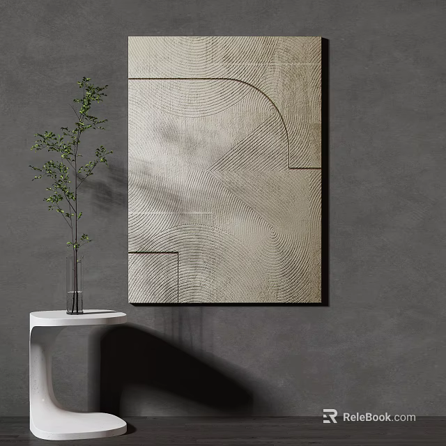 Elegant Modern Geometric Artwork On Gray Wall With Green Plant And White Side Table 3d model