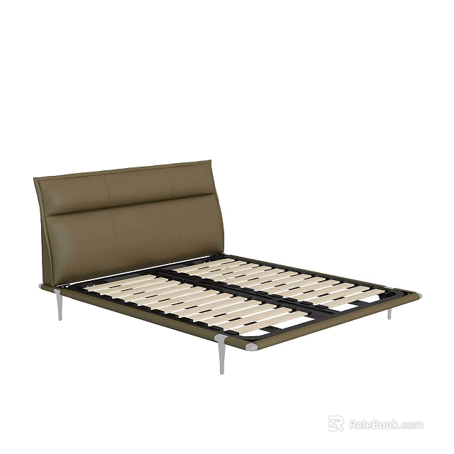 Brown Upholstered Headboard Double Bed With Metal Legs And Slat Support 3d model 