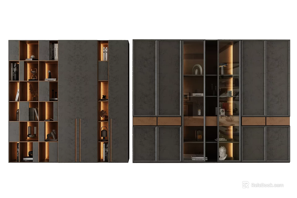 Modern Dark Wardrobe Design With Open Shelves Wooden Accents And Interior Lighting 3d model 