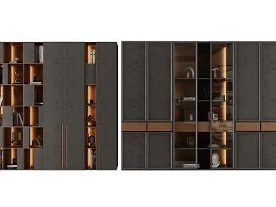 Modern Dark Wardrobe Design With Open Shelves Wooden Accents And Interior Lighting 3d model