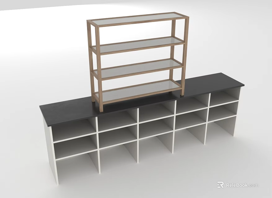 Wooden Frame Glass Shelf And White Frame Black Top Cabinet With Multiple Compartments 3d model 