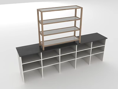 Wooden Frame Glass Shelf And White Frame Black Top Cabinet With Multiple Compartments 3d model