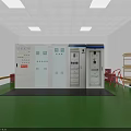 Industrial Control Room Featuring Electrical Control Cabinets Warning Signs Green Floor Safety Helmet Tool Boxes