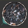 Decorative Ornaments Set Displayed in Wooden Bucket With Scalloped Edge on Green Mat