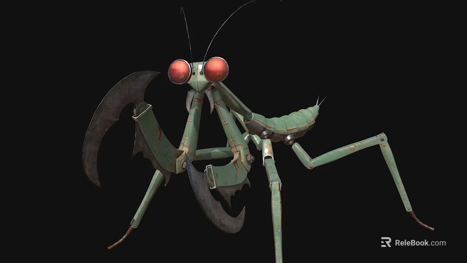 Green Mechanical Mantis Character With Red Eyes And Metallic Robot Limb Structure 3d model 