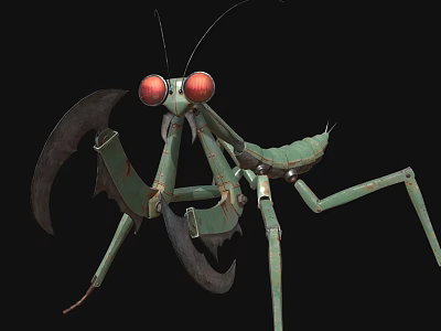 Green Mechanical Mantis Character With Red Eyes And Metallic Robot Limb Structure 3d model