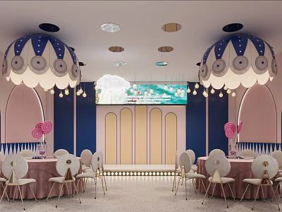 Modern Banquet Hall Featuring Blue Pink Walls Large Decorative Pendant Lights White Chairs And Round Tables 3d model