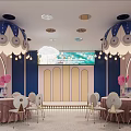 Modern Banquet Hall Featuring Blue Pink Walls Large Decorative Pendant Lights White Chairs And Round Tables