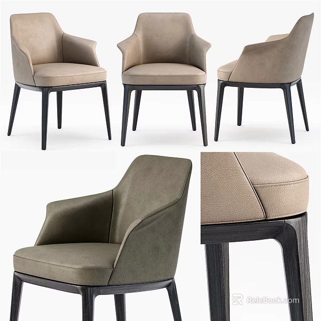 Modern Upholstered Accent Chair in Beige and Gray with Sleek Design and Dark Wooden Legs 3d model 