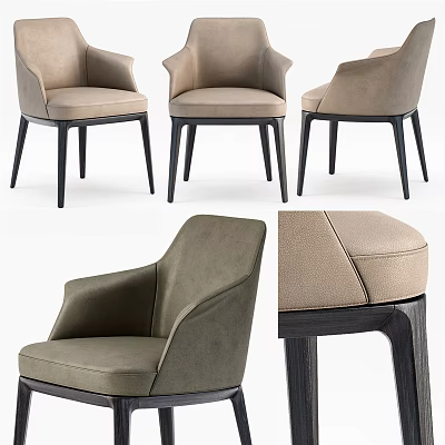Modern Upholstered Accent Chair in Beige and Gray with Sleek Design and Dark Wooden Legs 3d model