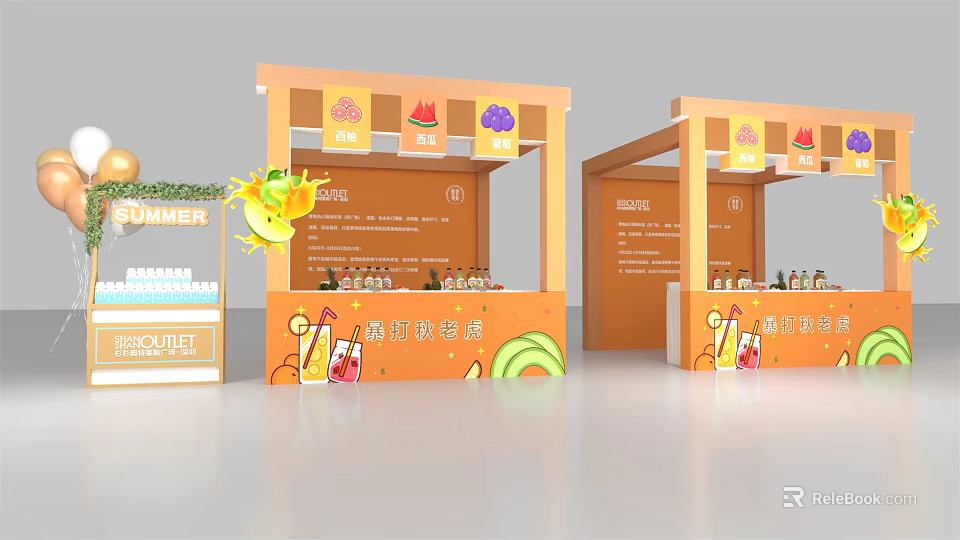 Summer Fruit Drink Stall With Orange Decor And Refreshment Displays 3d model