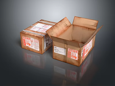 Brown Cardboard Boxes With Open And Closed Lids And Labeled Stickers 3d model