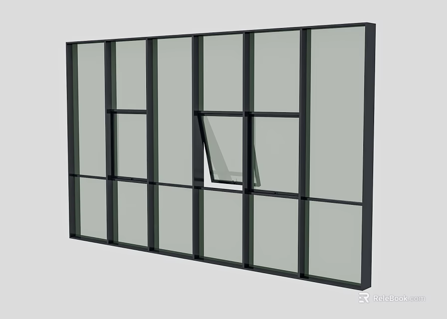 Modern Floor-to-Ceiling Window with Black Frame Clear Glass and Partially Opened Design 3d model 