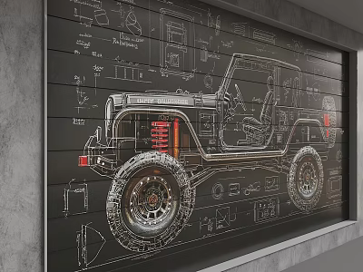 Industrial Mechanical Wall With Off Road Vehicle Line Art And Parts Details 3d model