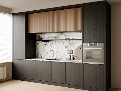 Modern Sideboard Interior Design With Dark Wood Marble Countertop And Cabinet Doors 3d model