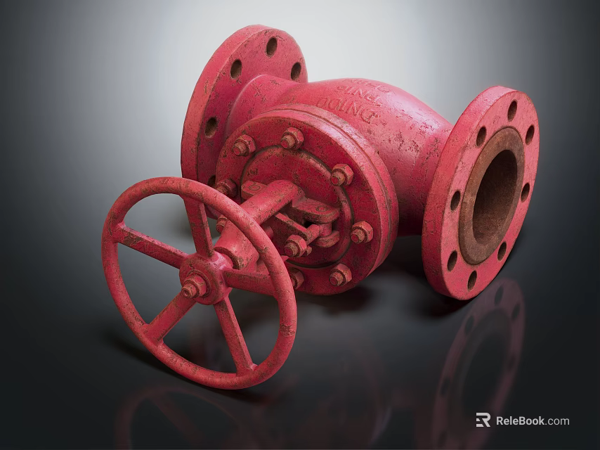 Red Cast Iron Industrial Valve With Manual Handwheel And Flange Ends 3d model 