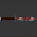 Knife with brown handle and red white striped blade on gray background with reflection