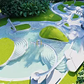 Modern Water Garden Design With Spiral Shaped Lawn Islands And Decorative Sculptures