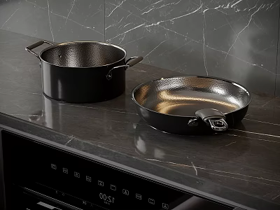Sturdy Black Cooking Pots and Frying Pan on Sleek Marble Kitchen Counter 3d model