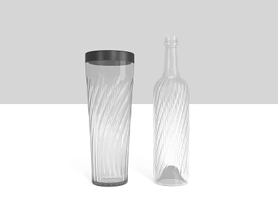 Transparent Glass Cup With Twisted Pattern Black Rim And Matching Bottle 3d model