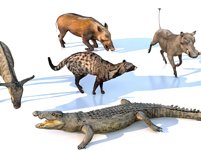 Scaly Reptile Crocodile Lying With Open Mouth Among Various Wild Animals 3d model