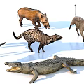 Scaly Reptile Crocodile Lying With Open Mouth Among Various Wild Animals