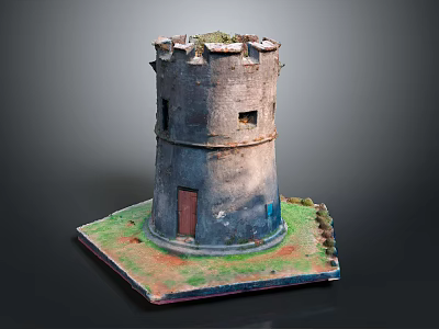Stone Circular Tower Fortress With Windows Door Square Base And Greenery On Top 3d model