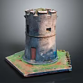 Stone Circular Tower Fortress With Windows Door Square Base And Greenery On Top