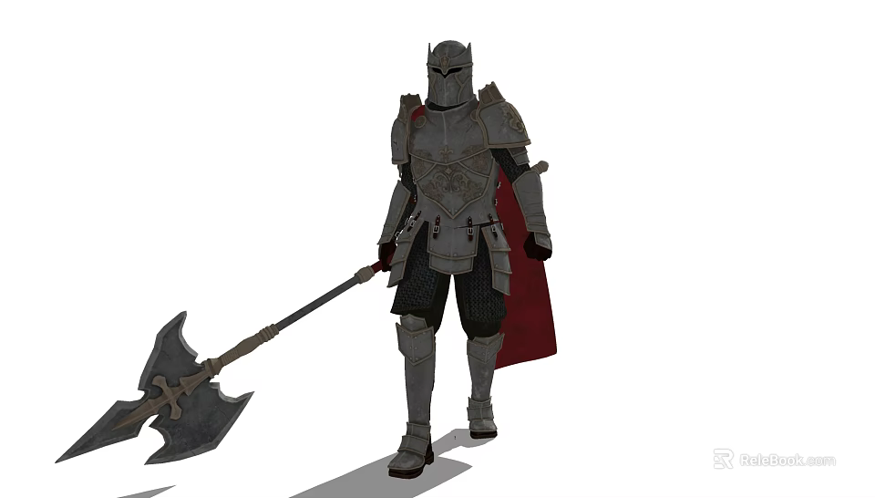 Game and Movie Character Medieval Knight in Armor with Giant Axe and Red Cape 3d model 