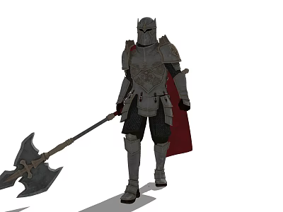 Game and Movie Character Medieval Knight in Armor with Giant Axe and Red Cape 3d model