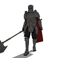 Game and Movie Character Medieval Knight in Armor with Giant Axe and Red Cape