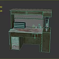 Vintage Workbench Furniture With Green Beige Finish Drawers Cabinet Countertop And Drill Press On Top
