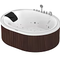 Luxurious Round White Bathtub With Wooden Base Black Cushion And Chrome Fixtures For Modern Bathroom
