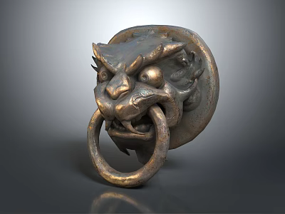 Vintage Dragon Head Metal Door Handle With Intricate Carving And Decorative Ring Design 3d model