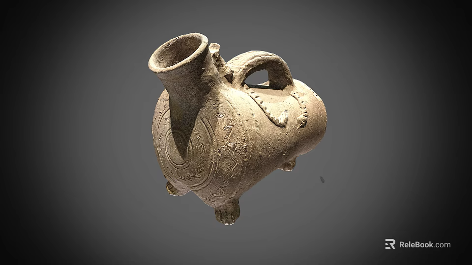 Ancient Three Legged Pottery Vessel With Carved Patterns And Handle 3d model 