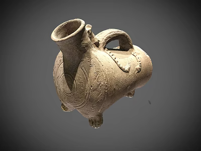 Ancient Three Legged Pottery Vessel With Carved Patterns And Handle 3d model